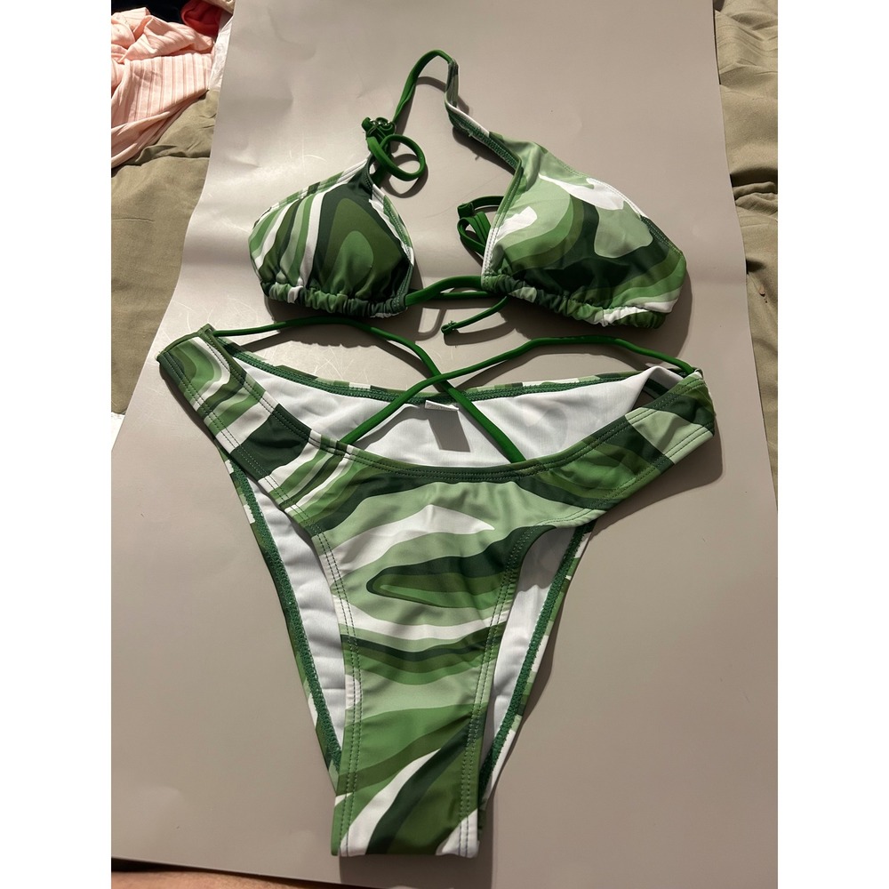 Green Swirl Print Triangle Bikini Set High Cut Strappy Two Piece Swimsuit Small